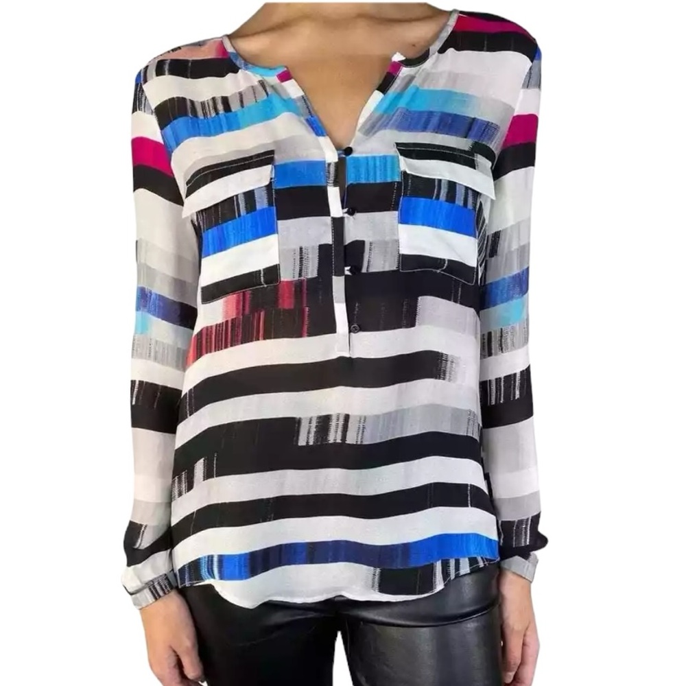 Parker Silk Marissa Stripe V-Neck Blouse Blue Size XS